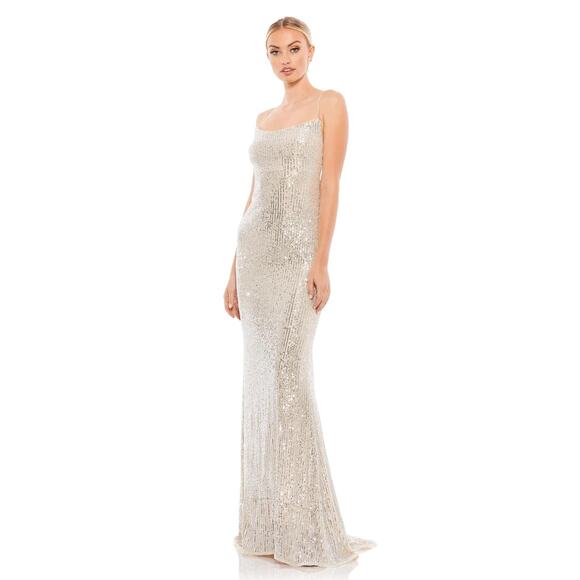 Mac Duggal 26269 Nude Silver Stretch Sequin Lace Up Back Evening Gown Size 0 New - Picture 1 of 8